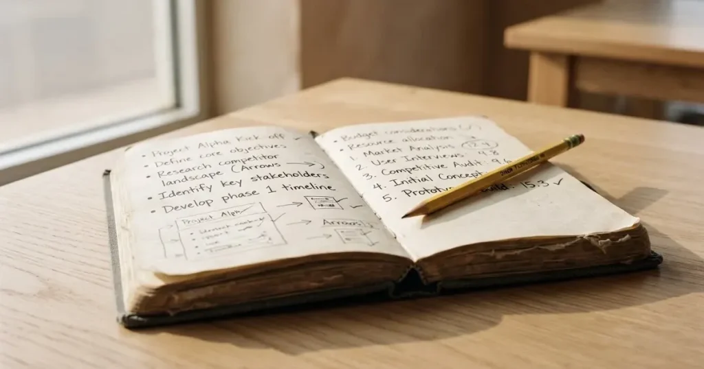 Ein Notizbuch mit handschriftlichen Stichpunkten und kleinen Skizzen liegt neben einem Bleistift auf einem hellen Tisch, Tageslicht von der Seite.