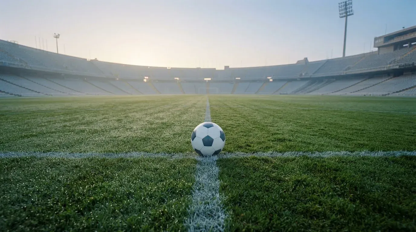 Ein Fußball auf dem Mittelpunkt eines Rasenplatzes, früher Morgen, Tau auf dem Gras, im Hintergrund leere Tribünen.