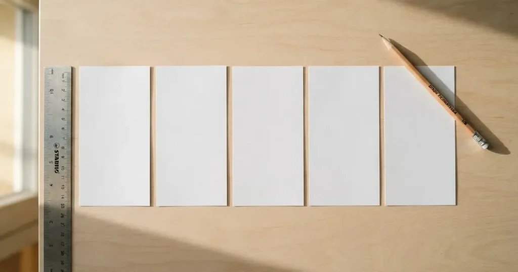Mehrere leere Wettscheine aus Papier liegen nebeneinander auf einem hellen Tisch, daneben ein Lineal und ein Bleistift, ohne erkennbare Schrift.