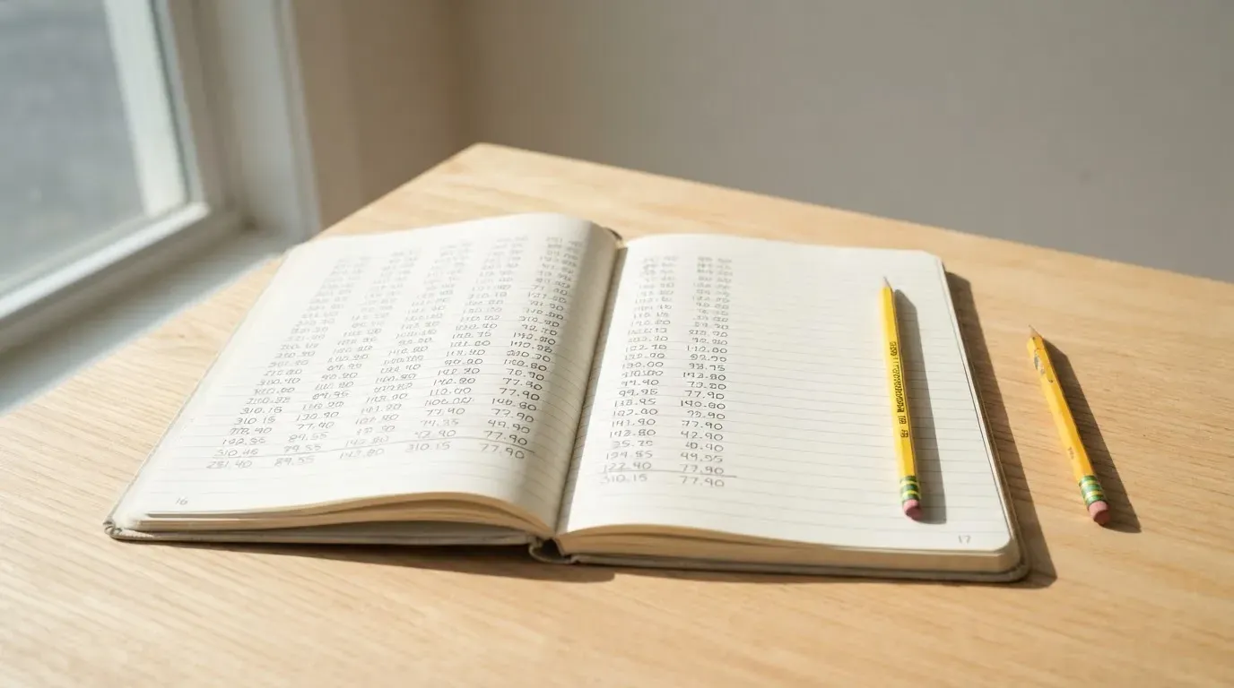 Ein Notizbuch mit handgeschriebenen Zahlenreihen liegt neben einem Taschenrechner und einem Bleistift auf einem hellen Tisch, Tageslicht von der Seite.