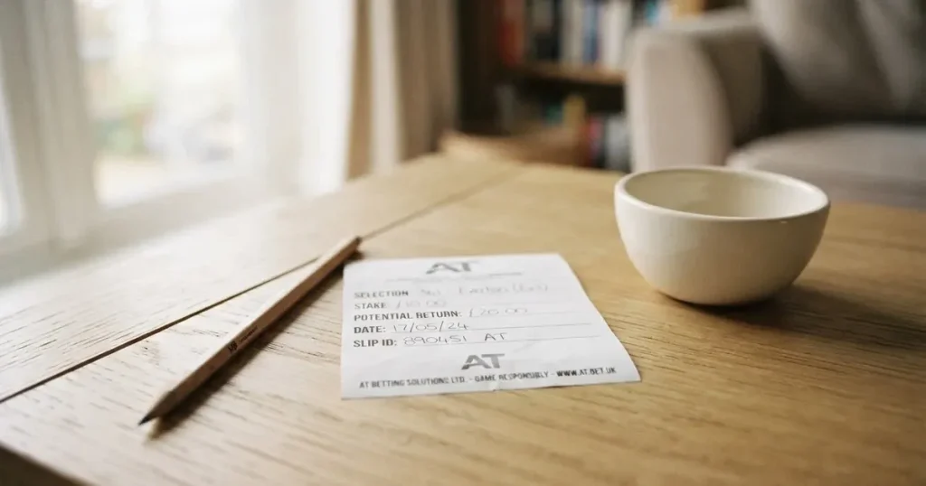 Ein blanker Wettschein aus Papier liegt neben einem Bleistift auf einem hellen Holztisch, daneben eine kleine Schale, ohne erkennbare Schrift.