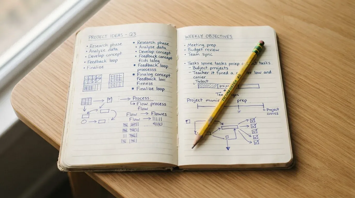 Ein aufgeschlagenes Notizbuch mit handschriftlichen Notizen und einfachen Skizzen liegt neben einem Bleistift auf einem hellen Holztisch.