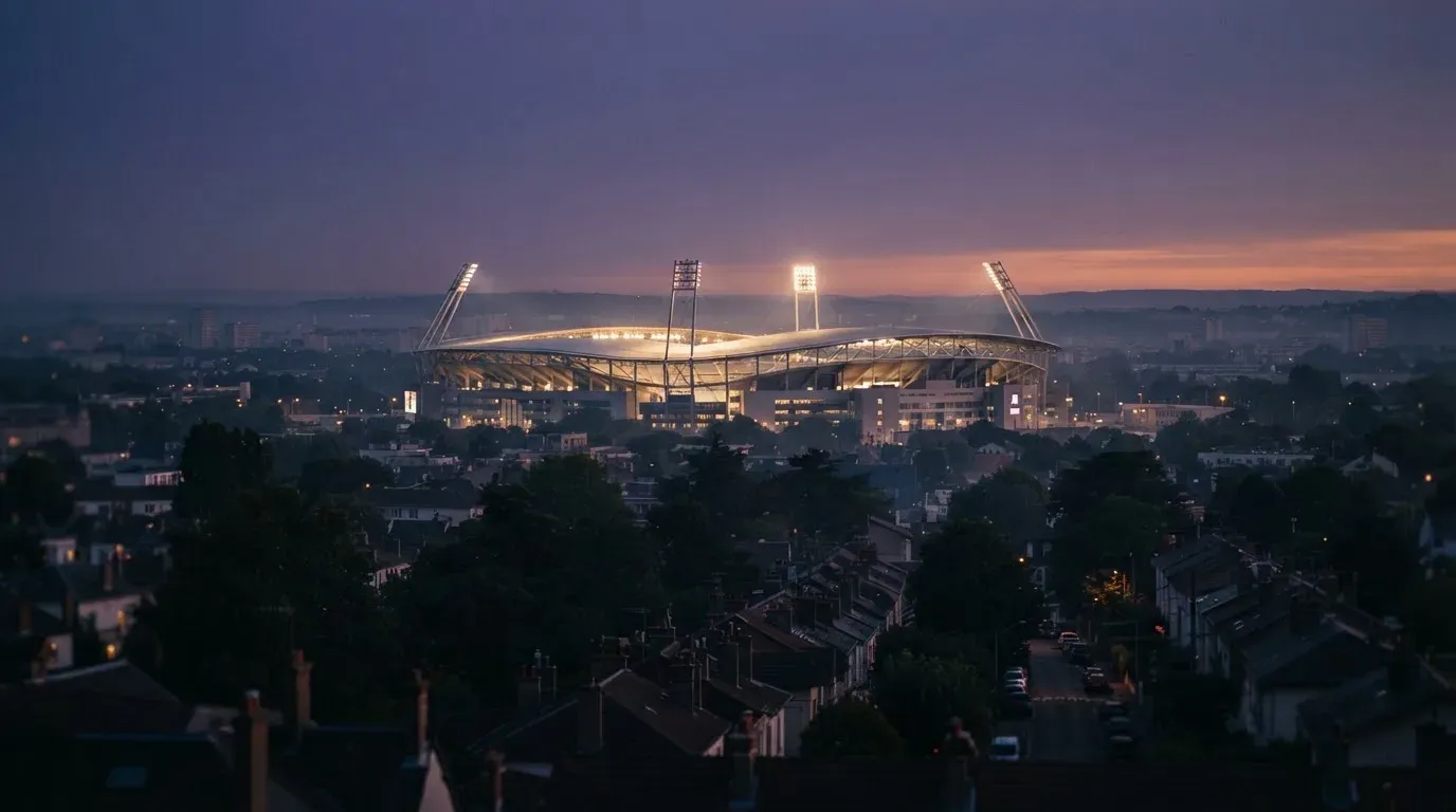 Ein Flutlichtstadion bei Dämmerung aus weiter Ferne gesehen, die Lichtmasten leuchten über Dächern, Bäumen und einer ruhigen Stadtrandlandschaft.