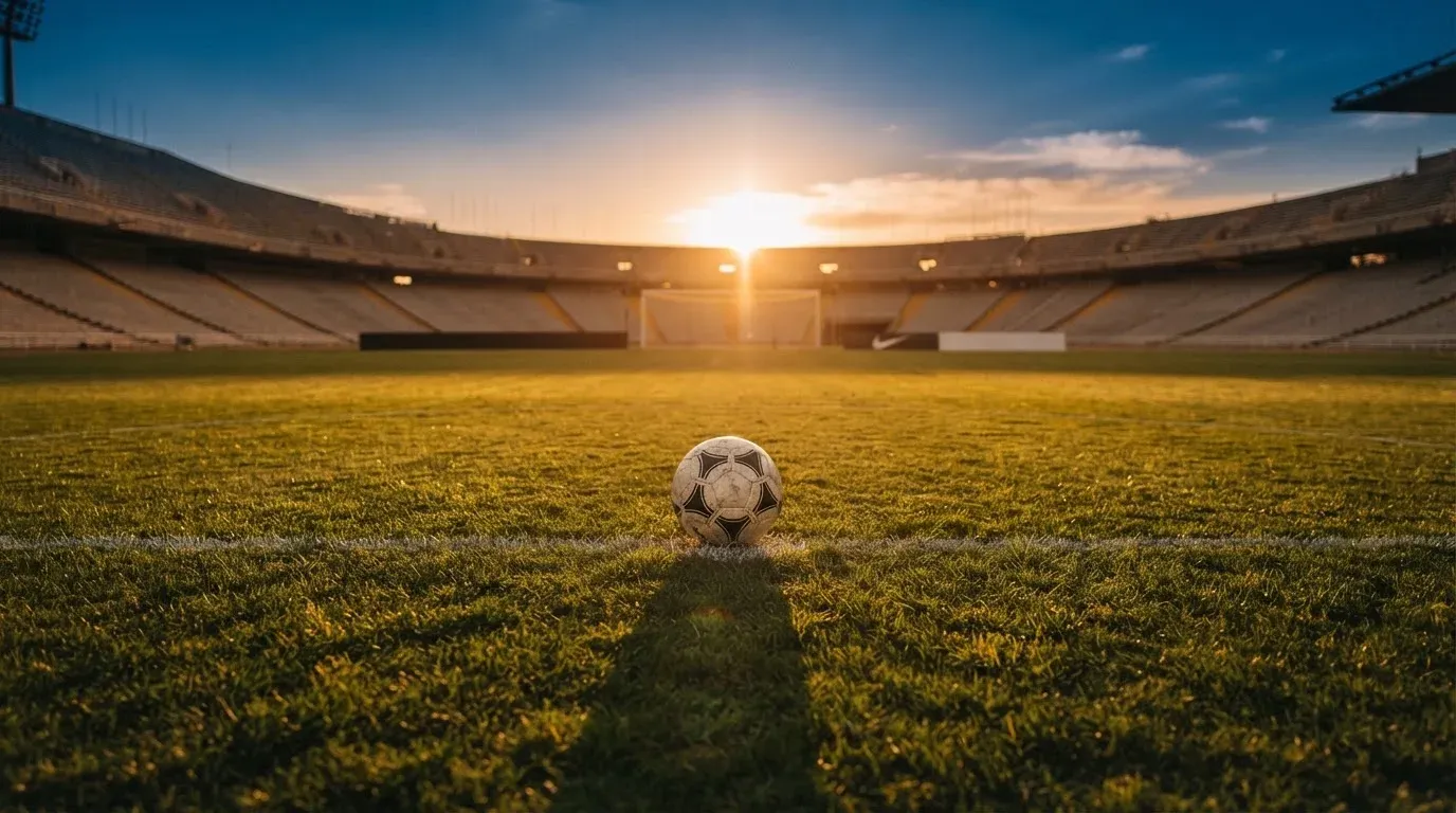 Ein Fußball liegt in der Mitte eines Rasens im Licht der tief stehenden Sonne, dahinter leere Sitzreihen.