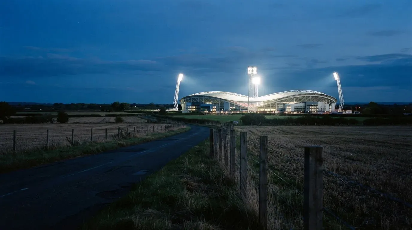 Ein Stadion unter Flutlicht aus der Ferne gesehen, davor eine dunkle Landschaft mit Feldern und einer Landstraße.