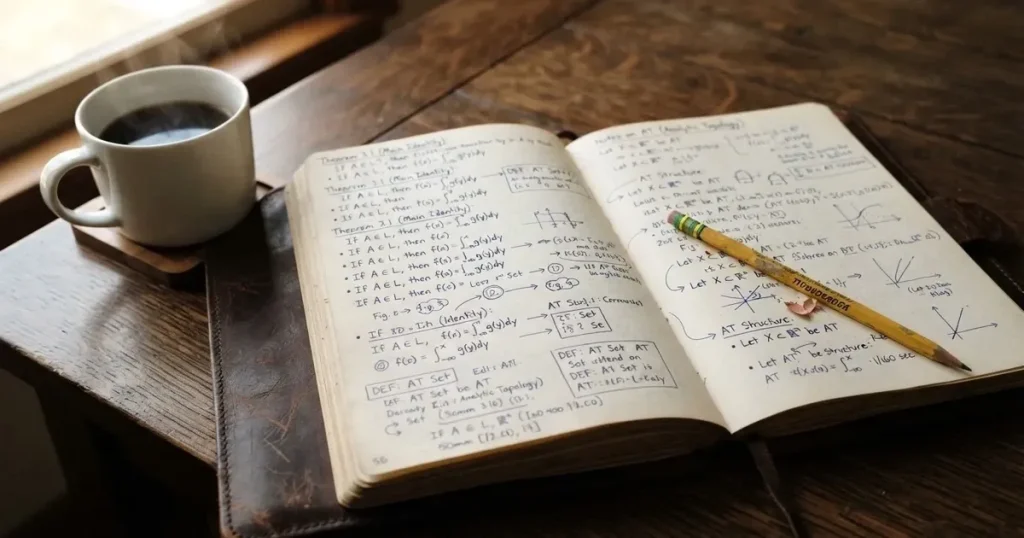 Ein Notizbuch mit handschriftlichen Notizen liegt neben einem Bleistift und einer Tasse Kaffee auf einem Holztisch.