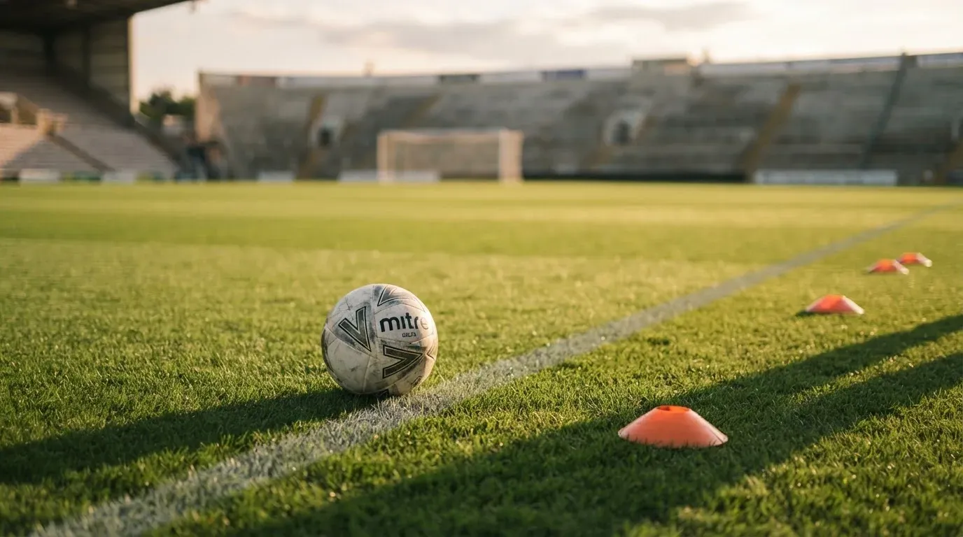Ein Fußball liegt auf einem Rasenplatz im Abendlicht, am Rand stehen ein paar Hütchen, niemand ist zu sehen.
