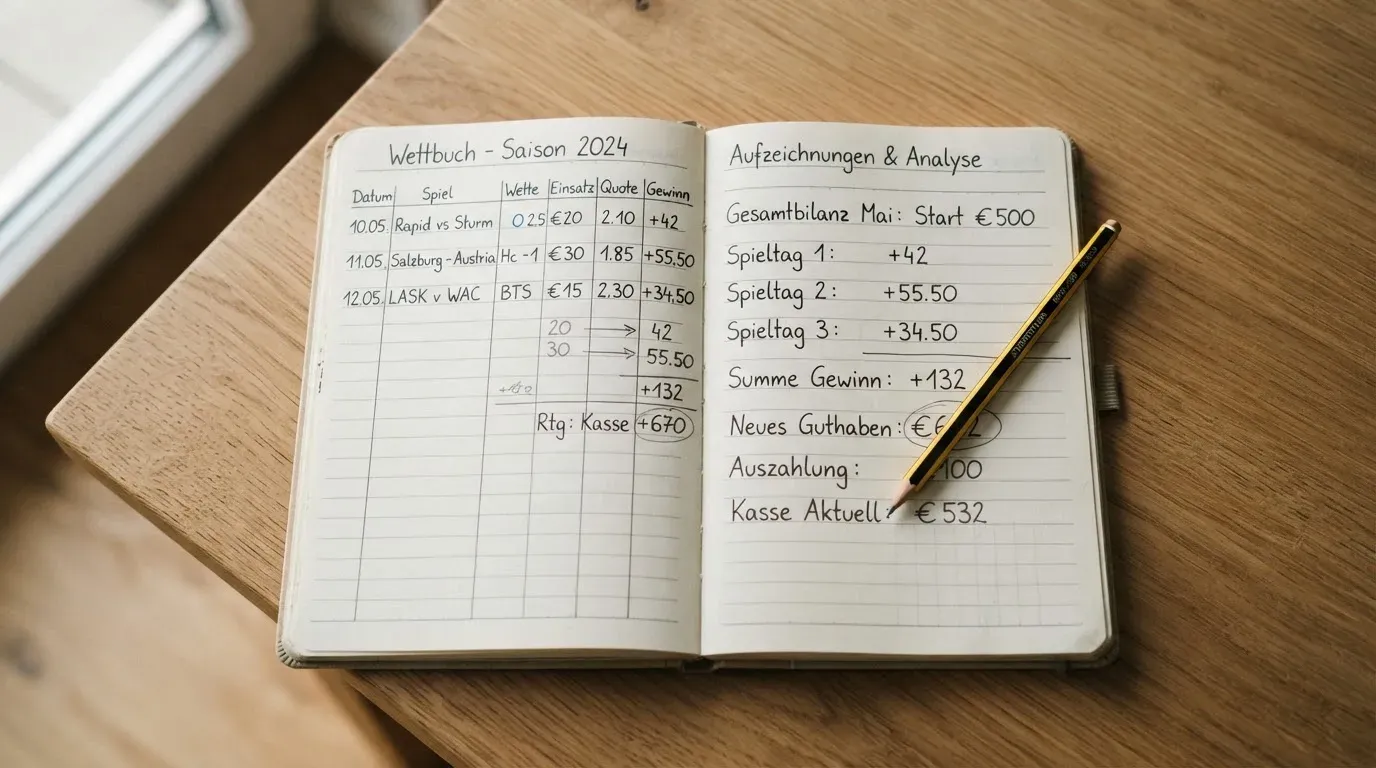 Ein aufgeschlagenes Notizbuch mit handschriftlichen Notizen liegt neben einem Bleistift auf einem hellen Holztisch.