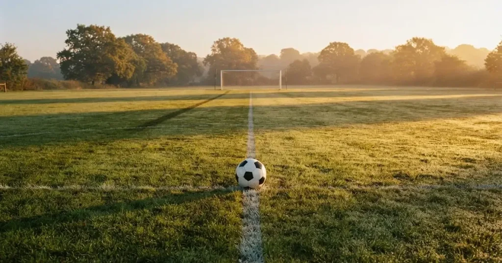 Ein Fußball liegt auf der Mittellinie eines leeren Rasenplatzes, die Kreidelinie verläuft scharf durchs Bild im Morgenlicht.