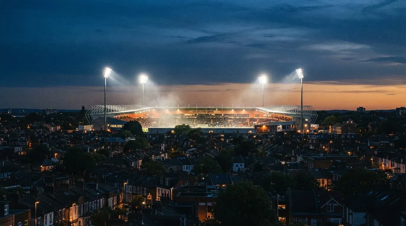 Ein Flutlichtstadion bei Dämmerung aus weiter Ferne gesehen, die Lichtmasten leuchten über Dächern und Bäumen.