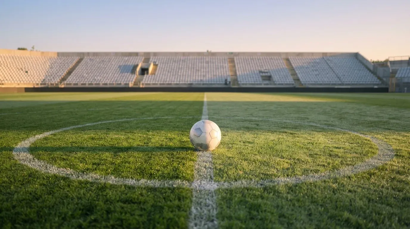 Ein Fußball liegt auf einem Rasenplatz im Morgenlicht, im Hintergrund eine ruhige Tribüne ohne Zuschauer.
