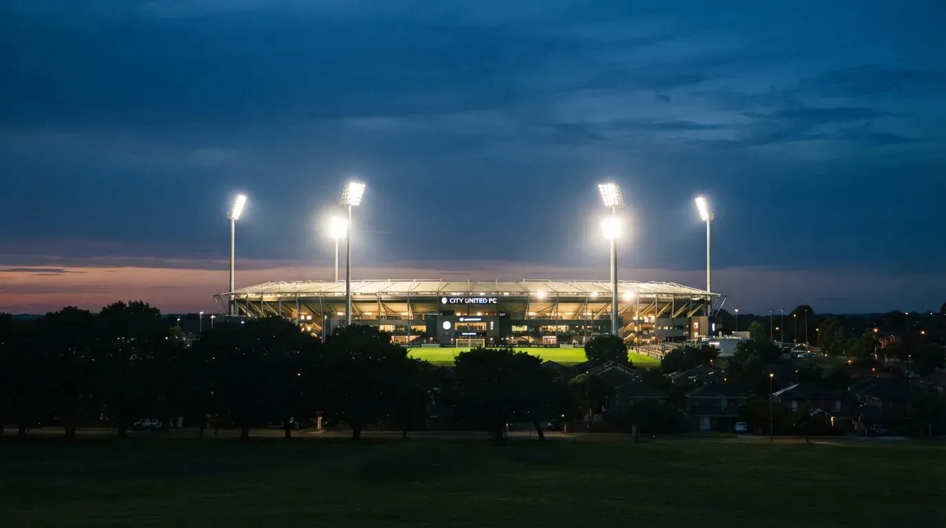 Ein Flutlichtstadion bei Dämmerung aus weiter Ferne gesehen, die Lichtmasten leuchten über Dächern und Bäumen.