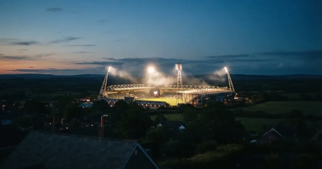 Ein Flutlichtstadion bei Dämmerung aus weiter Ferne gesehen, die Lichtmasten leuchten über Dächern, Bäumen und einer ruhigen Landschaft.