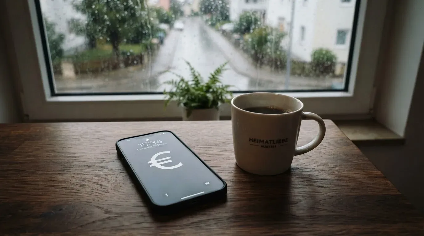 Ein Smartphone mit dunklem Display liegt neben einer Kaffeetasse auf einem Holztisch am Fenster, draußen fällt Regen.