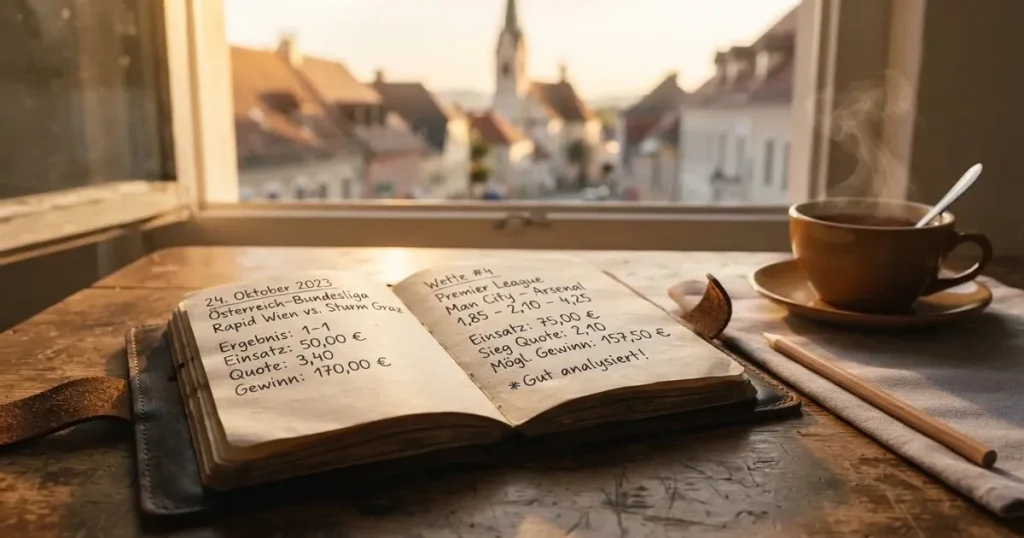 Ein Notizbuch mit handschriftlichen Notizen liegt neben einem Bleistift und einer Tasse Tee auf einem Schreibtisch am Fenster.