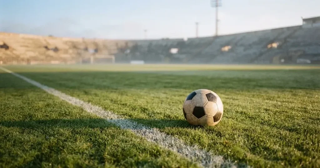 Ein Fußball liegt auf einem Rasenplatz im Morgenlicht, die Kreidelinie verläuft scharf durchs Bild, dahinter eine leere Tribüne.