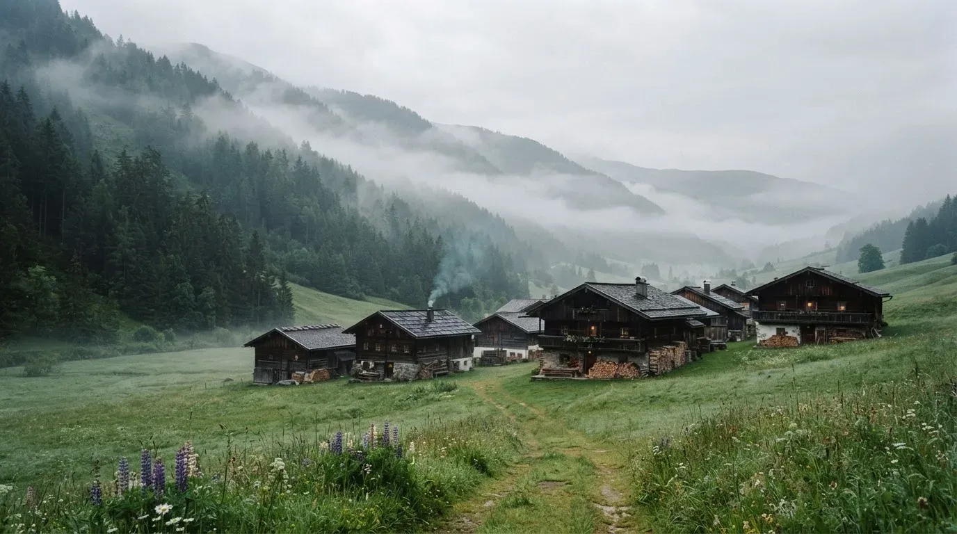 Eine Berglandschaft mit Wiesen und einzelnen Holzhäusern im Morgennebel, in der Ferne ein bewaldeter Hang.