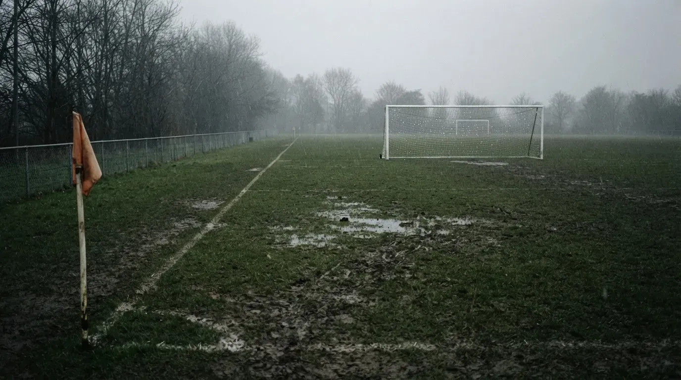 Ein Fußballtor mit Netz auf einem Trainingsplatz bei Regen, Pfützen stehen auf dem Rasen, niemand ist zu sehen.