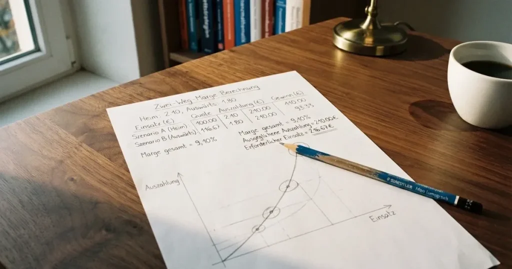 Ein Blatt Papier mit handgezeichneten Kurven und Bleistiftstrichen liegt auf einem Schreibtisch neben einer Tasse.