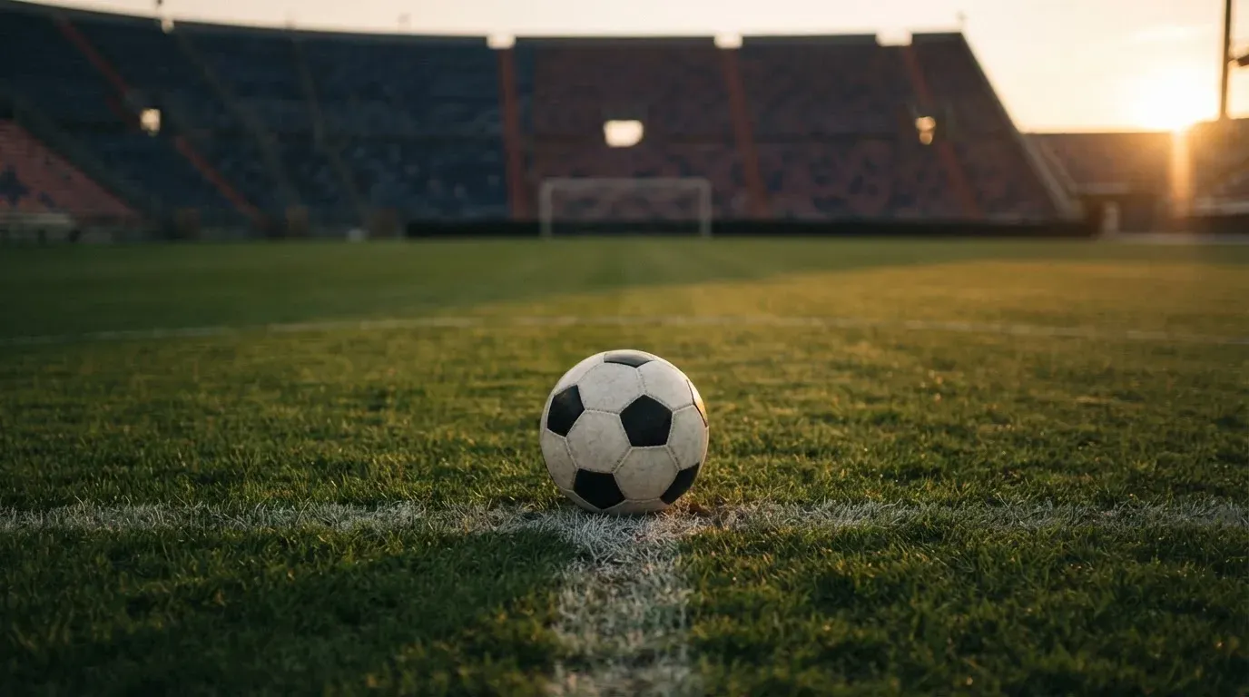 Ein Fußball liegt auf dem Elfmeterpunkt eines leeren Rasenplatzes im Abendlicht, dahinter eine ruhige Tribüne ohne Zuschauer.
