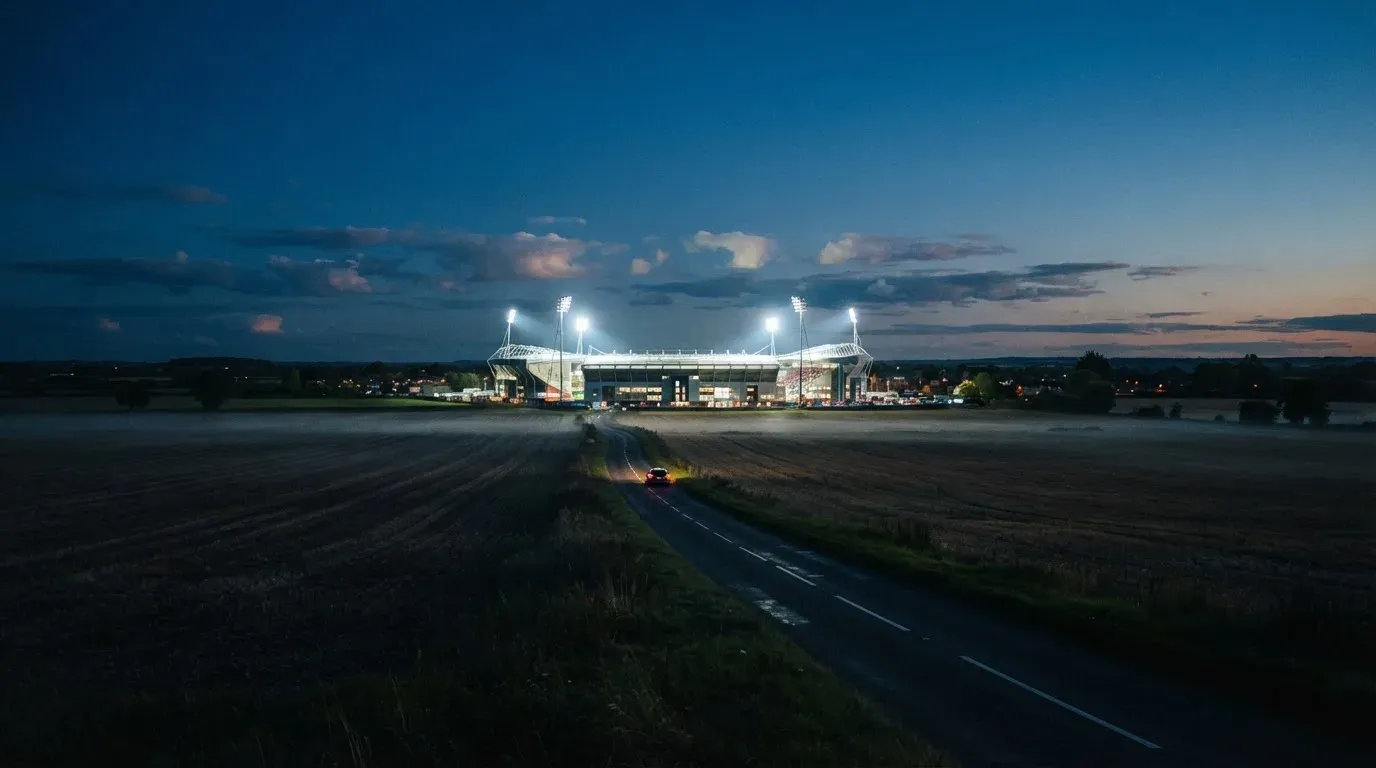 Ein Stadion unter Flutlicht aus der Ferne gesehen, davor eine dunkle Landschaft mit Feldern und einer Landstraße.